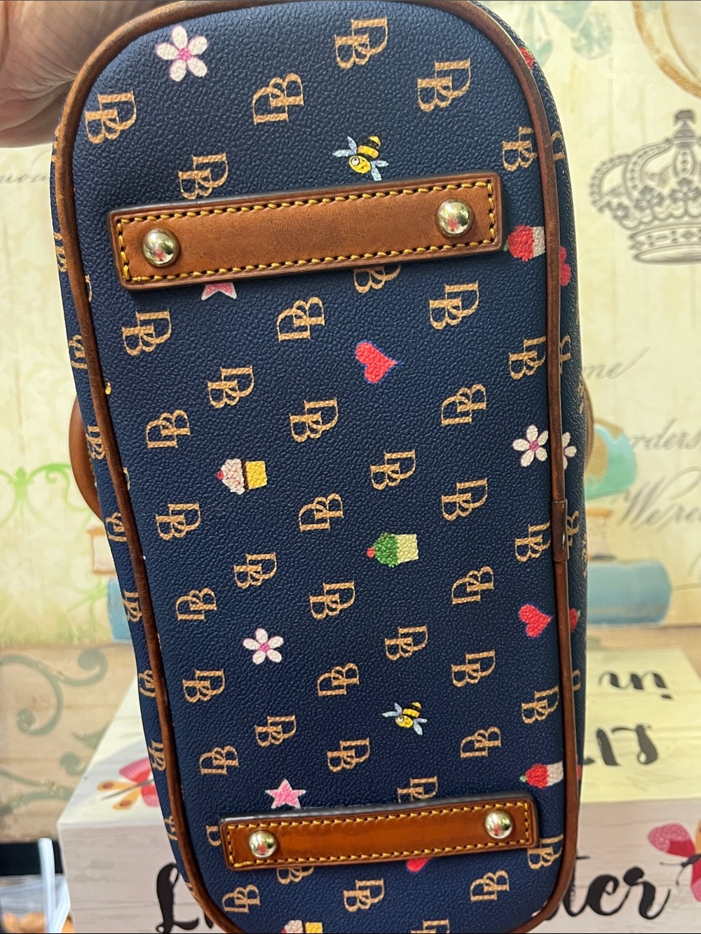 Dooney & Bourke Navy Satchel with Brown Trim and Multicolor Motifs - Picture 7 of 14
